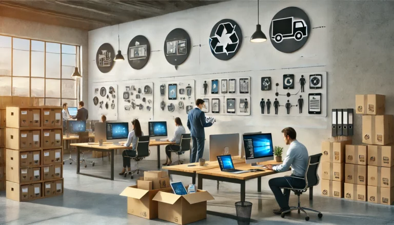 DALL·E 2024 08 01 10.51.45 A realistic modern office environment showcasing various IT services. A person at a computer ordering IT hardware represents Procurement. In the backg